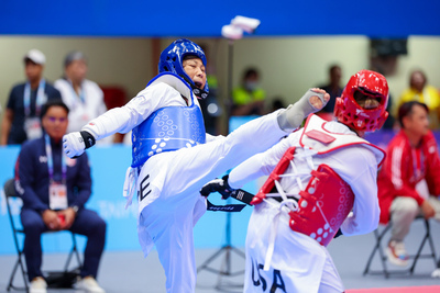 何千金今（29）日在世壯運跆拳道休閒組67公斤級，對戰美國選手Lori Katcher
